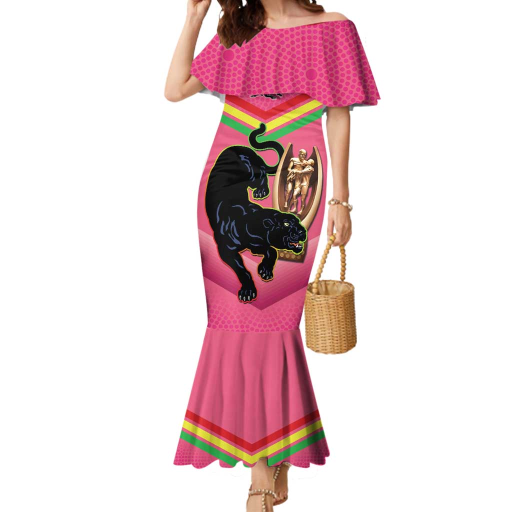 Personalised Panthers Rugby 2024 Mermaid Dress Mascot With Trophy Go Champions Aboriginal Art - Pink
