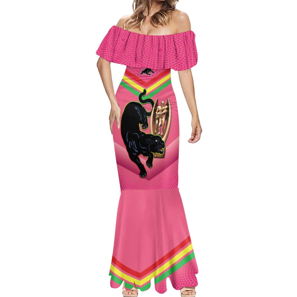 Personalised Panthers Rugby 2024 Mermaid Dress Mascot With Trophy Go Champions Aboriginal Art - Pink