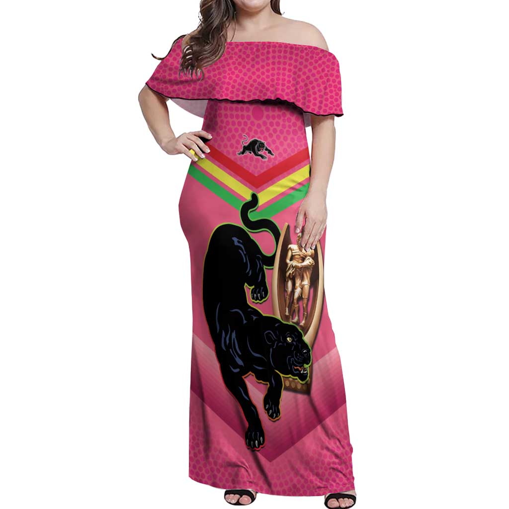 Personalised Panthers Rugby 2024 Off Shoulder Maxi Dress Mascot With Trophy Go Champions Aboriginal Art - Pink