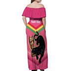 Personalised Panthers Rugby 2024 Off Shoulder Maxi Dress Mascot With Trophy Go Champions Aboriginal Art - Pink