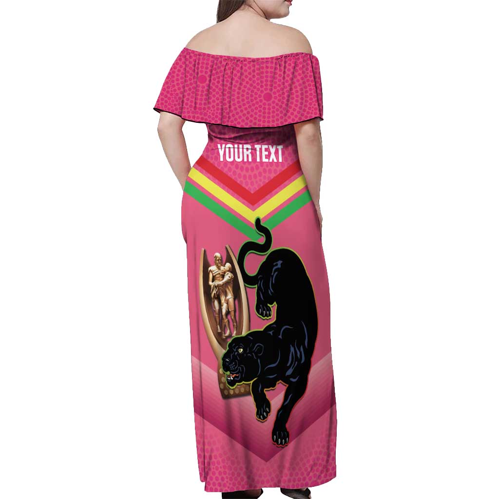 Personalised Panthers Rugby 2024 Off Shoulder Maxi Dress Mascot With Trophy Go Champions Aboriginal Art - Pink
