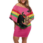Personalised Panthers Rugby 2024 Off Shoulder Short Dress Mascot With Trophy Go Champions Aboriginal Art - Pink