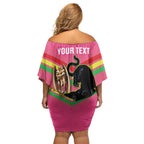Personalised Panthers Rugby 2024 Off Shoulder Short Dress Mascot With Trophy Go Champions Aboriginal Art - Pink