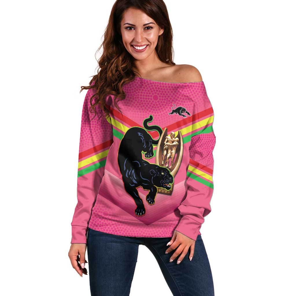 Personalised Panthers Rugby 2024 Off Shoulder Sweater Mascot With Trophy Go Champions Aboriginal Art - Pink