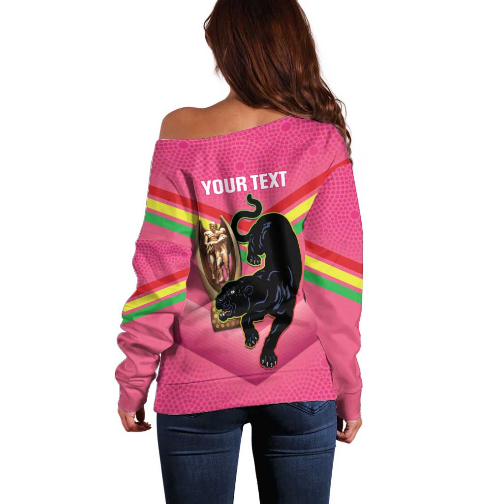 Personalised Panthers Rugby 2024 Off Shoulder Sweater Mascot With Trophy Go Champions Aboriginal Art - Pink