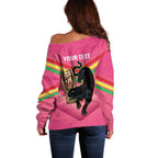 Personalised Panthers Rugby 2024 Off Shoulder Sweater Mascot With Trophy Go Champions Aboriginal Art - Pink