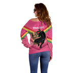 Personalised Panthers Rugby 2024 Off Shoulder Sweater Mascot With Trophy Go Champions Aboriginal Art - Pink