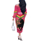 Personalised Panthers Rugby 2024 Off The Shoulder Long Sleeve Dress Mascot With Trophy Go Champions Aboriginal Art - Pink
