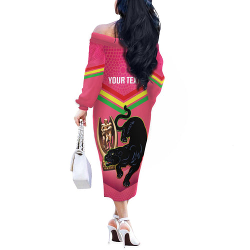 Personalised Panthers Rugby 2024 Off The Shoulder Long Sleeve Dress Mascot With Trophy Go Champions Aboriginal Art - Pink
