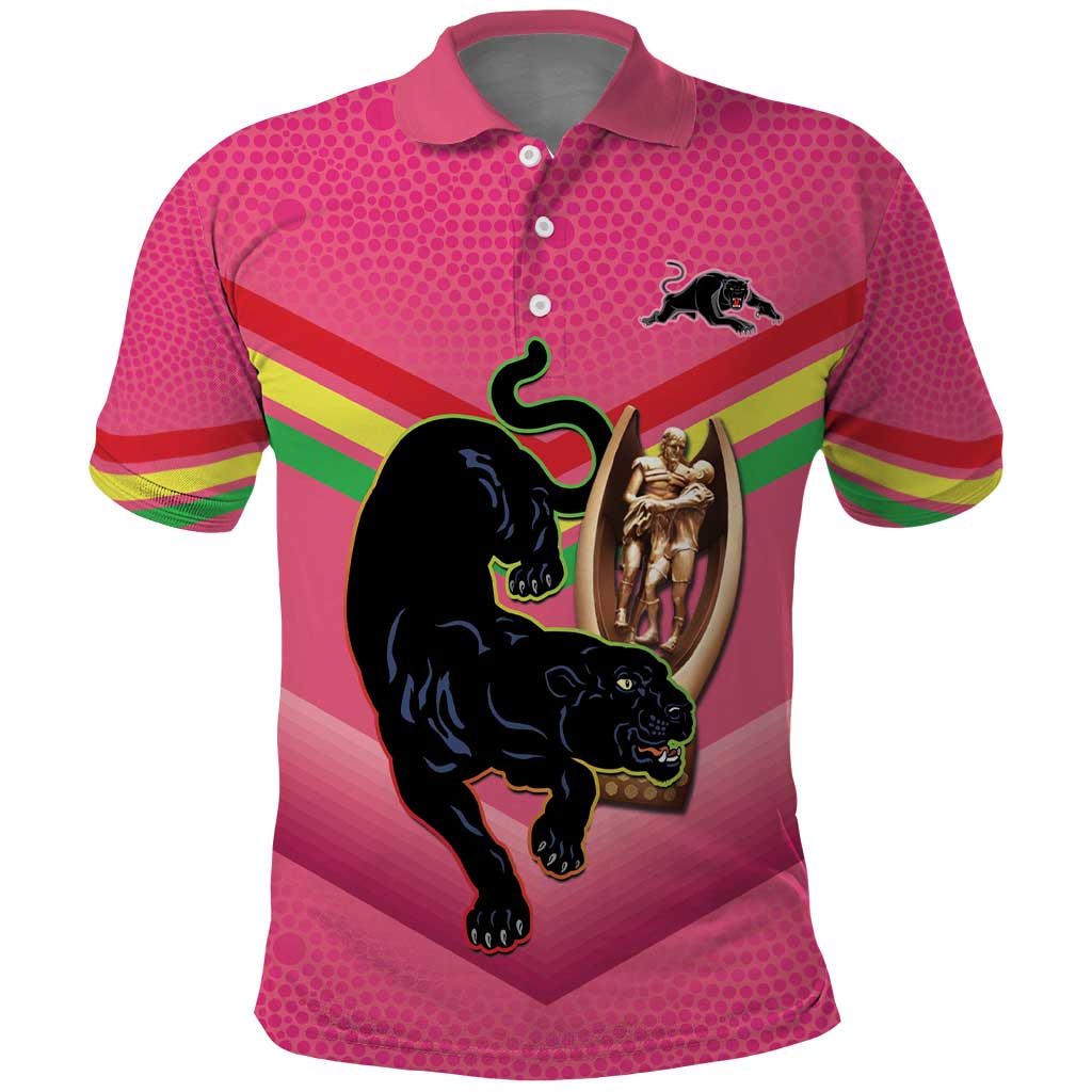 Personalised Panthers Rugby 2024 Polo Shirt Mascot With Trophy Go Champions Aboriginal Art - Pink
