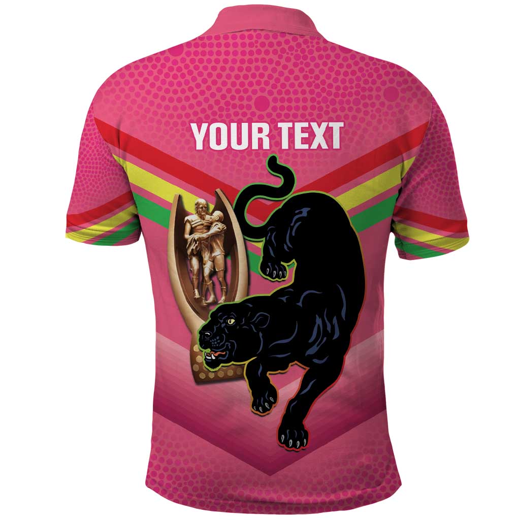 Personalised Panthers Rugby 2024 Polo Shirt Mascot With Trophy Go Champions Aboriginal Art - Pink