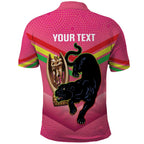 Personalised Panthers Rugby 2024 Polo Shirt Mascot With Trophy Go Champions Aboriginal Art - Pink
