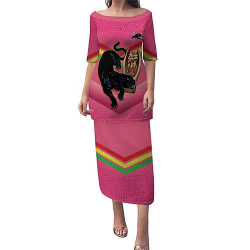 Personalised Panthers Rugby 2024 Puletasi Mascot With Trophy Go Champions Aboriginal Art - Pink