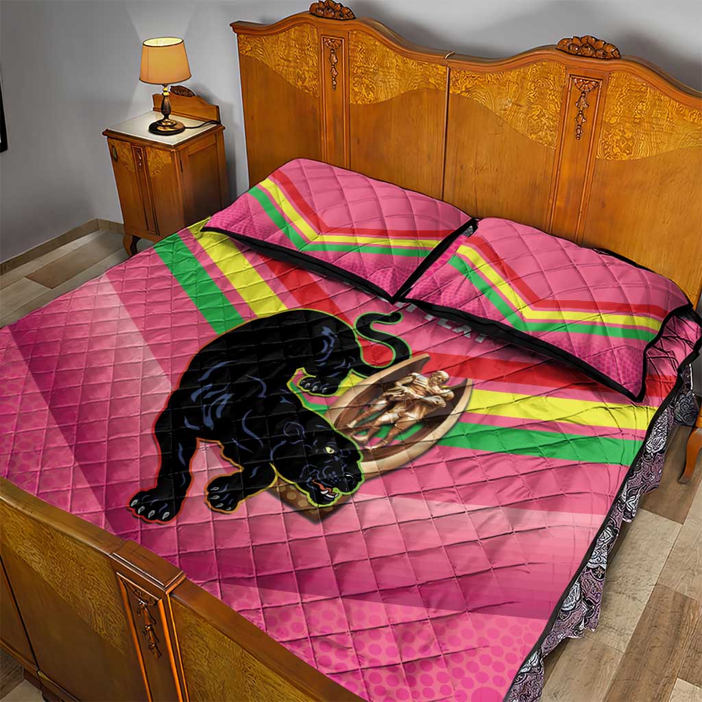 Personalised Panthers Rugby 2024 Quilt Bed Set Mascot With Trophy Go Champions Aboriginal Art - Pink