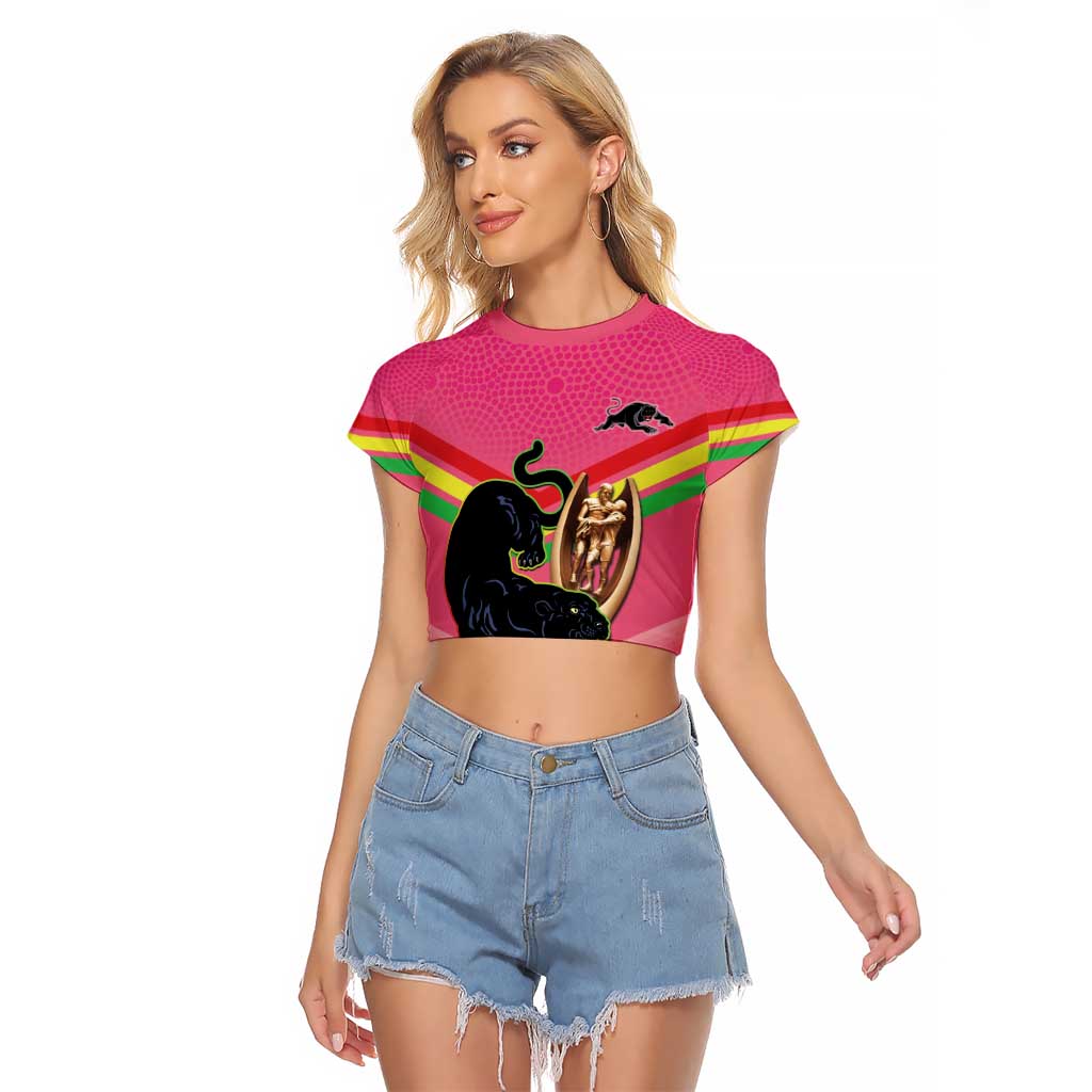 Personalised Panthers Rugby 2024 Raglan Cropped T Shirt Mascot With Trophy Go Champions Aboriginal Art - Pink