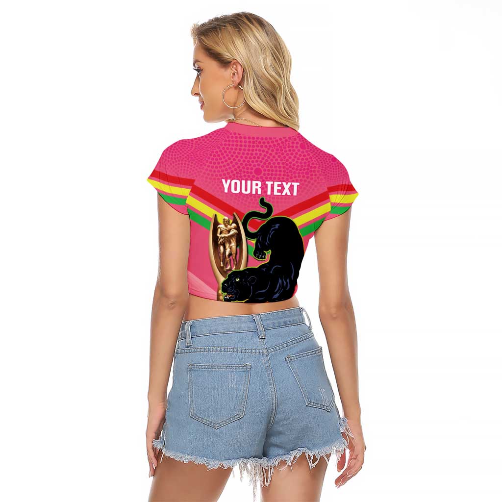 Personalised Panthers Rugby 2024 Raglan Cropped T Shirt Mascot With Trophy Go Champions Aboriginal Art - Pink