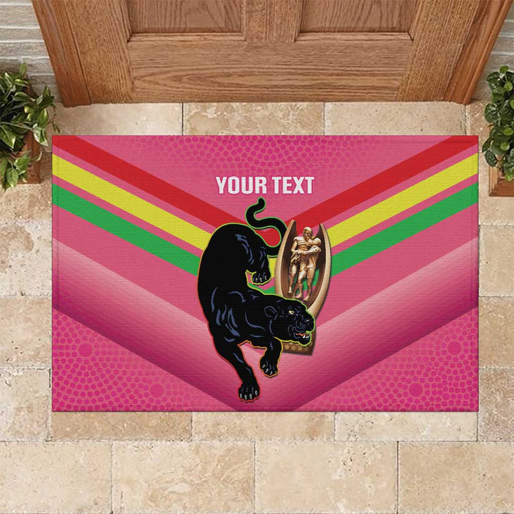 Personalised Panthers Rugby 2024 Rubber Doormat Mascot With Trophy Go Champions Aboriginal Art - Pink