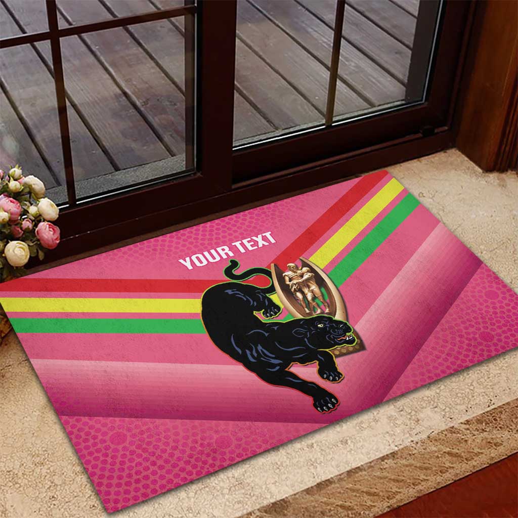 Personalised Panthers Rugby 2024 Rubber Doormat Mascot With Trophy Go Champions Aboriginal Art - Pink