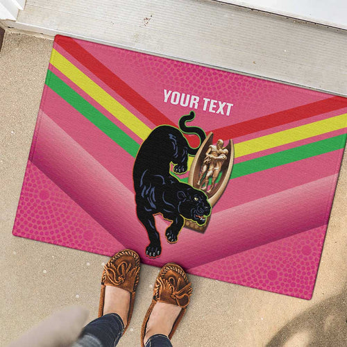 Personalised Panthers Rugby 2024 Rubber Doormat Mascot With Trophy Go Champions Aboriginal Art - Pink