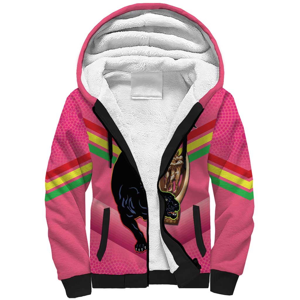 Personalised Panthers Rugby 2024 Sherpa Hoodie Mascot With Trophy Go Champions Aboriginal Art - Pink