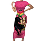 Personalised Panthers Rugby 2024 Short Sleeve Bodycon Dress Mascot With Trophy Go Champions Aboriginal Art - Pink