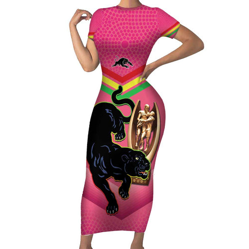 Personalised Panthers Rugby 2024 Short Sleeve Bodycon Dress Mascot With Trophy Go Champions Aboriginal Art - Pink