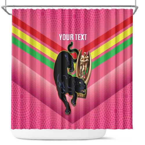 Personalised Panthers Rugby 2024 Shower Curtain Mascot With Trophy Go Champions Aboriginal Art - Pink