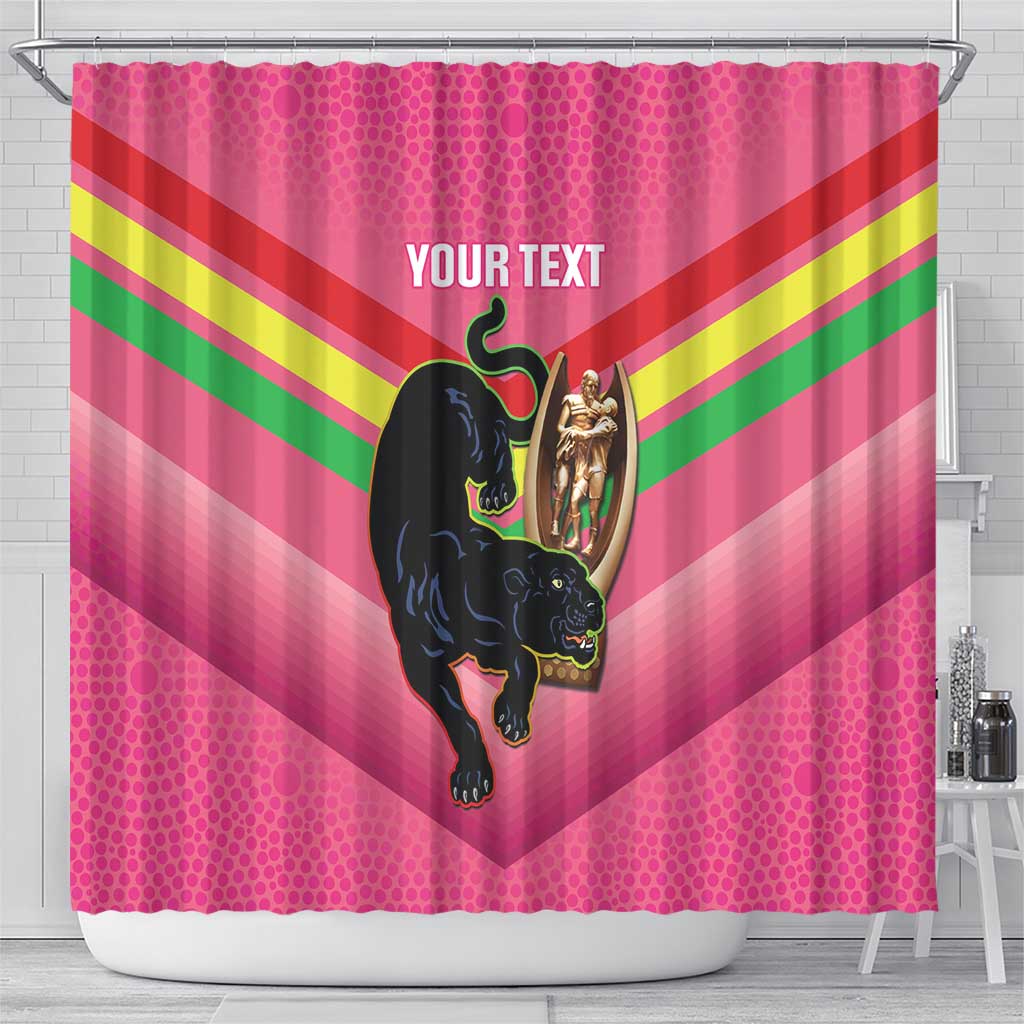 Personalised Panthers Rugby 2024 Shower Curtain Mascot With Trophy Go Champions Aboriginal Art - Pink