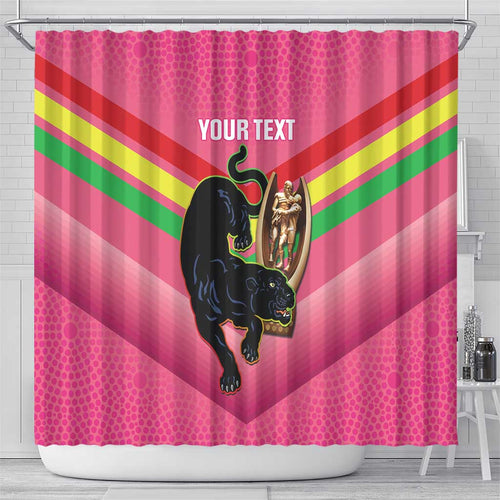 Personalised Panthers Rugby 2024 Shower Curtain Mascot With Trophy Go Champions Aboriginal Art - Pink