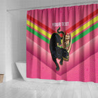 Personalised Panthers Rugby 2024 Shower Curtain Mascot With Trophy Go Champions Aboriginal Art - Pink