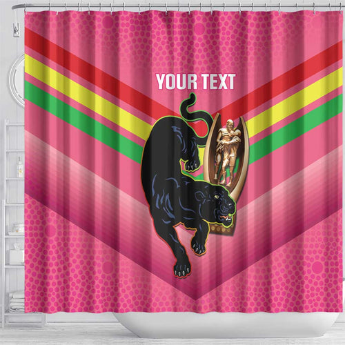 Personalised Panthers Rugby 2024 Shower Curtain Mascot With Trophy Go Champions Aboriginal Art - Pink
