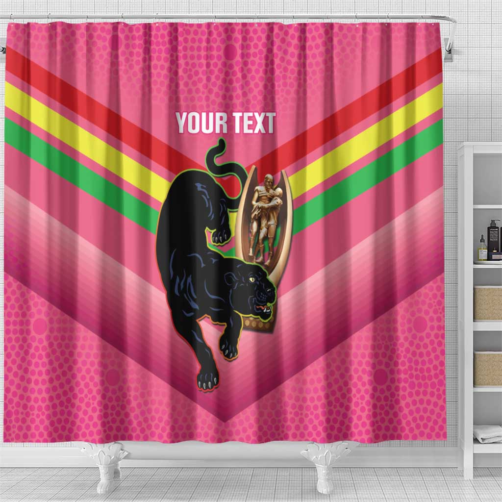 Personalised Panthers Rugby 2024 Shower Curtain Mascot With Trophy Go Champions Aboriginal Art - Pink