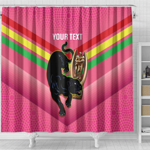 Personalised Panthers Rugby 2024 Shower Curtain Mascot With Trophy Go Champions Aboriginal Art - Pink