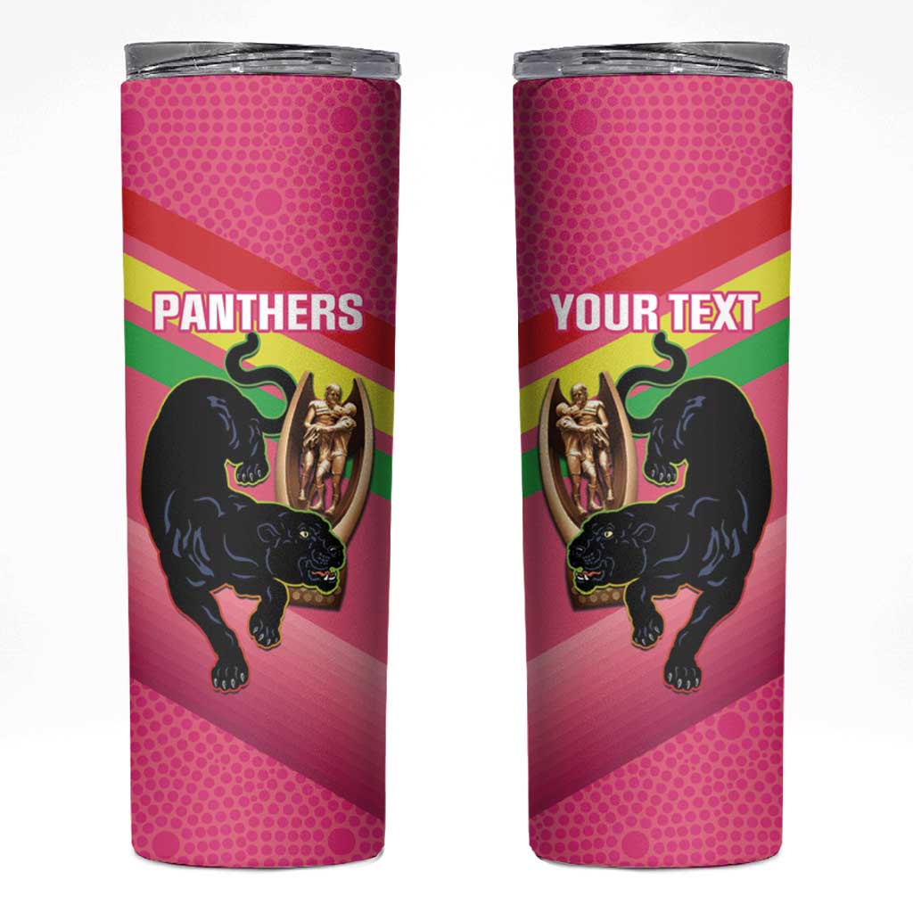 Personalised Panthers Rugby 2024 Skinny Tumbler Mascot With Trophy Go Champions Aboriginal Art - Pink