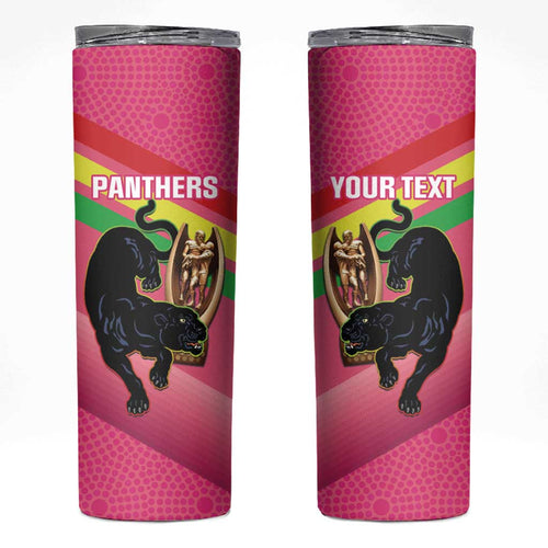 Personalised Panthers Rugby 2024 Skinny Tumbler Mascot With Trophy Go Champions Aboriginal Art - Pink