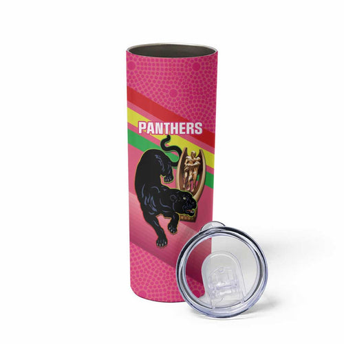 Personalised Panthers Rugby 2024 Skinny Tumbler Mascot With Trophy Go Champions Aboriginal Art - Pink