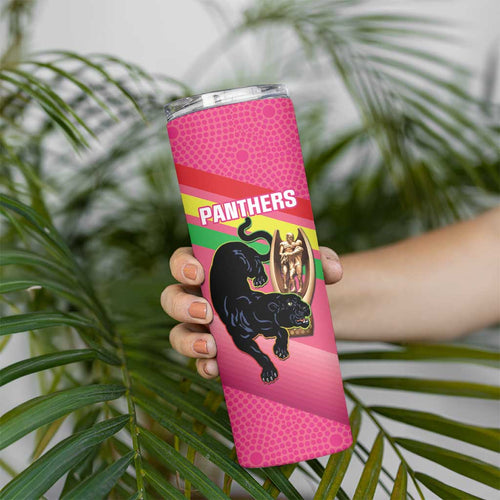 Personalised Panthers Rugby 2024 Skinny Tumbler Mascot With Trophy Go Champions Aboriginal Art - Pink