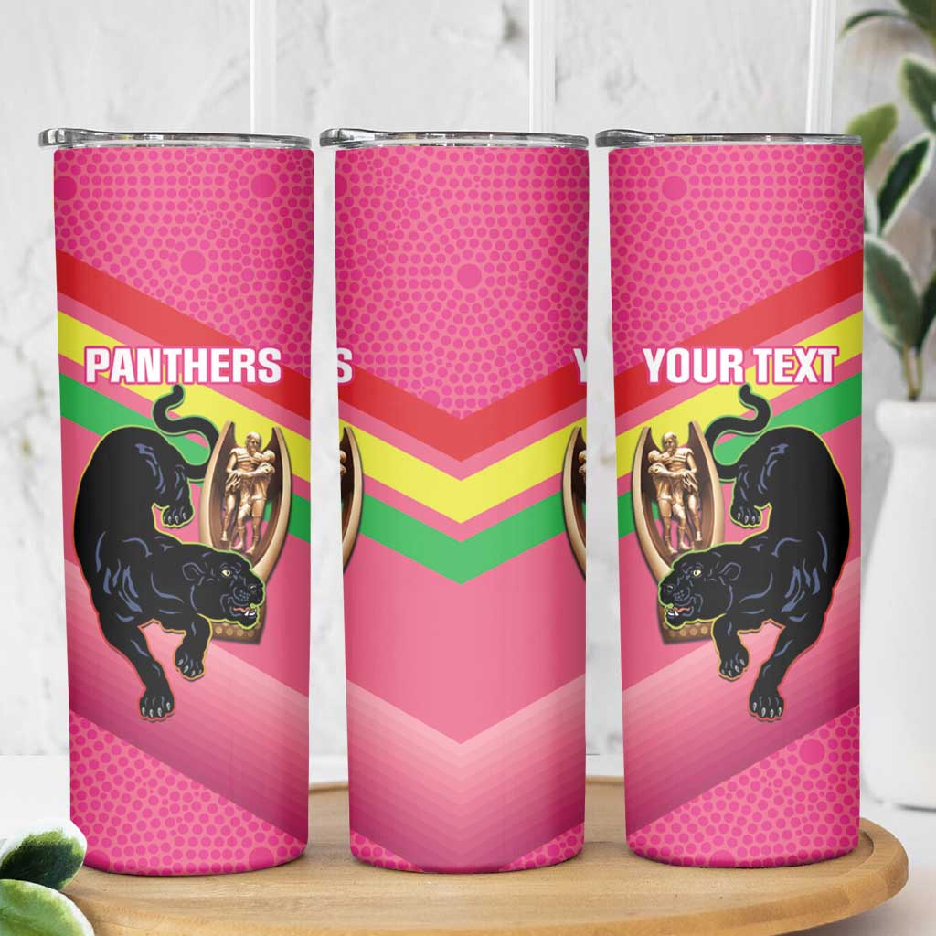 Personalised Panthers Rugby 2024 Skinny Tumbler Mascot With Trophy Go Champions Aboriginal Art - Pink