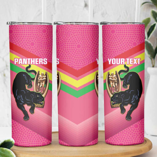 Personalised Panthers Rugby 2024 Skinny Tumbler Mascot With Trophy Go Champions Aboriginal Art - Pink