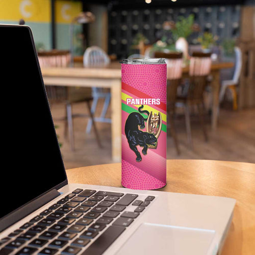Personalised Panthers Rugby 2024 Skinny Tumbler Mascot With Trophy Go Champions Aboriginal Art - Pink