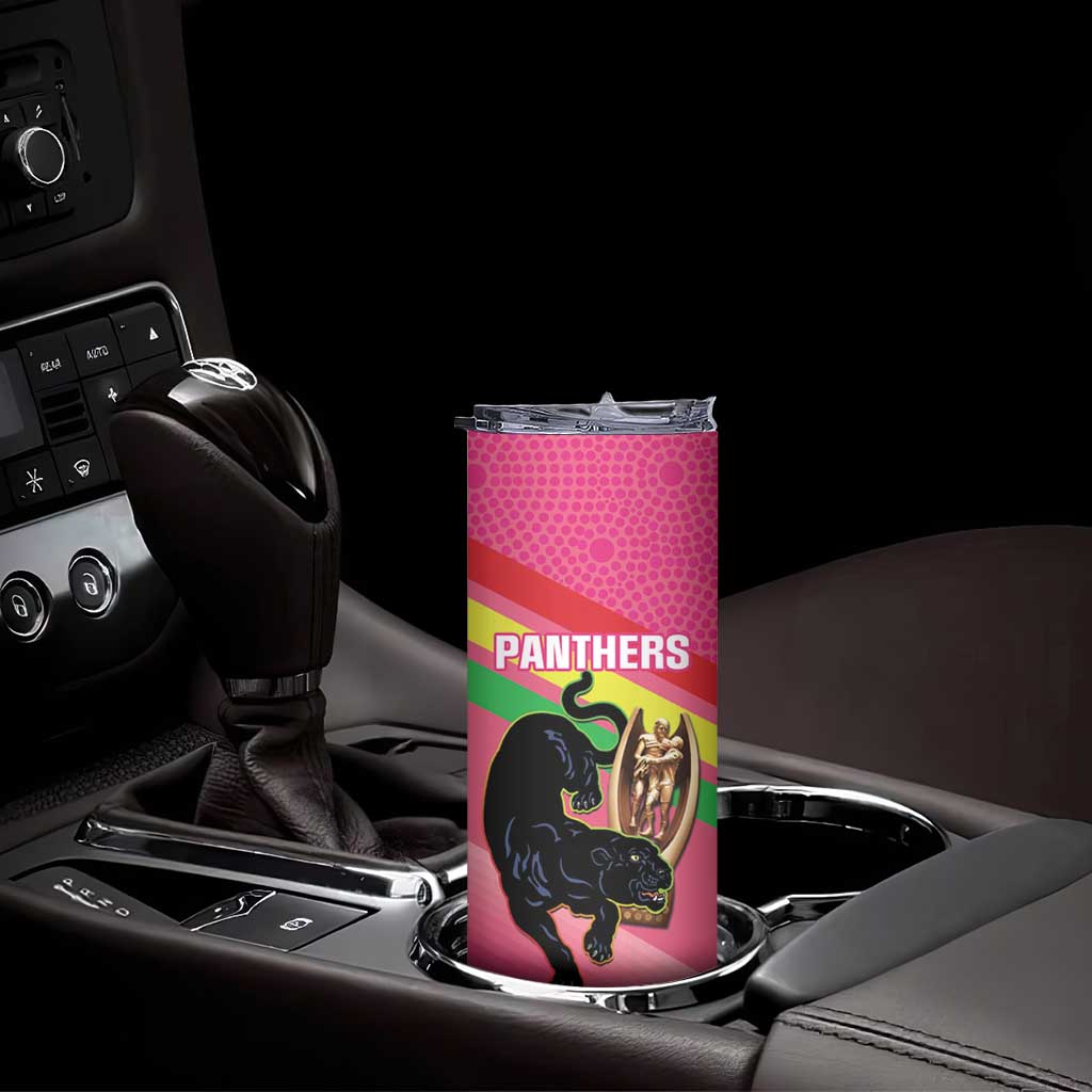 Personalised Panthers Rugby 2024 Skinny Tumbler Mascot With Trophy Go Champions Aboriginal Art - Pink