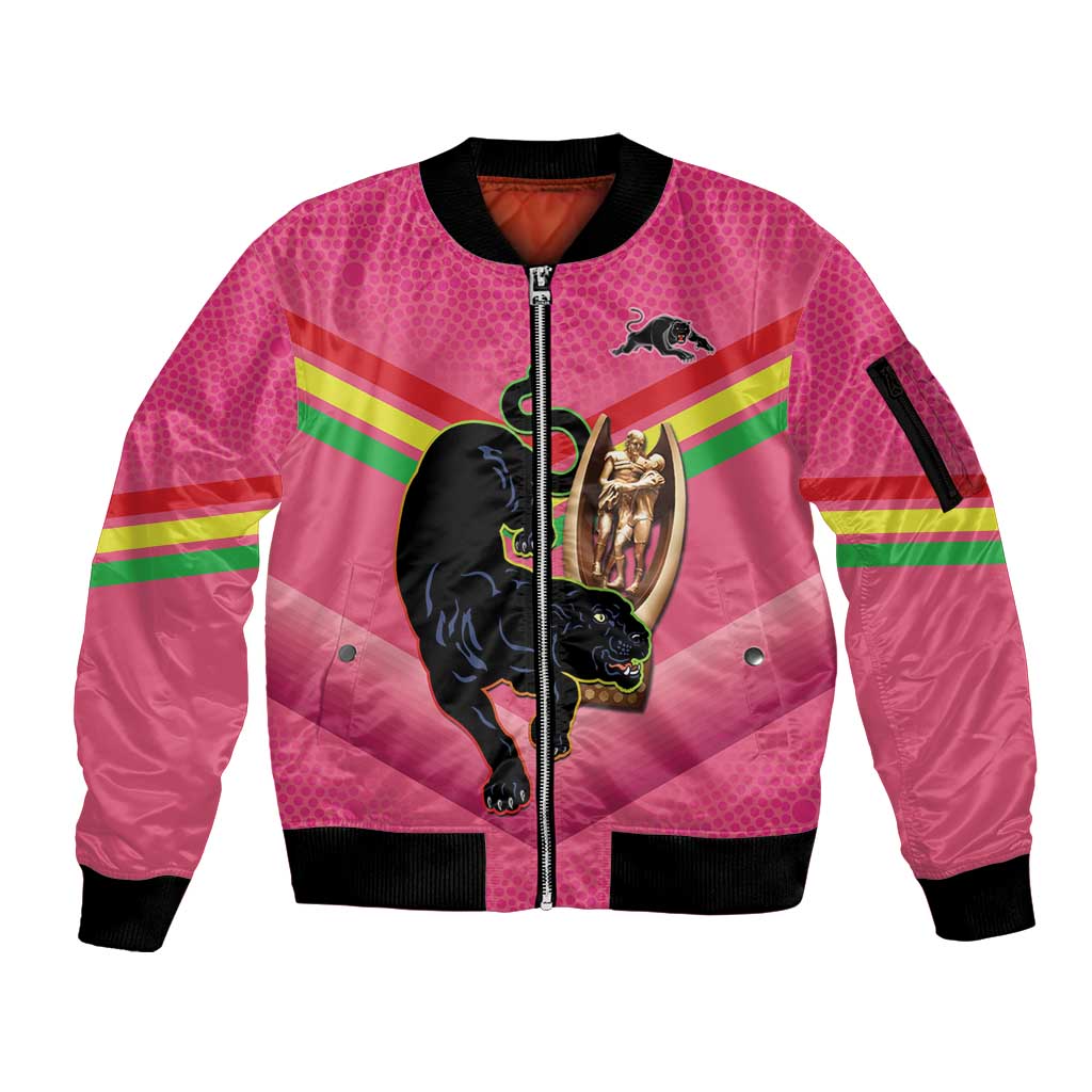 Personalised Panthers Rugby 2024 Sleeve Zip Bomber Jacket Mascot With Trophy Go Champions Aboriginal Art - Pink