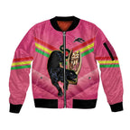 Personalised Panthers Rugby 2024 Sleeve Zip Bomber Jacket Mascot With Trophy Go Champions Aboriginal Art - Pink