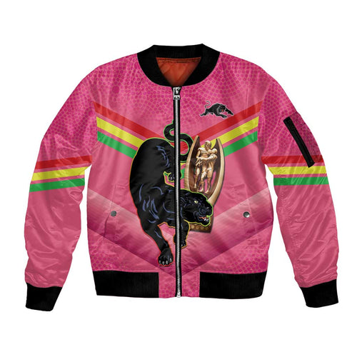 Personalised Panthers Rugby 2024 Sleeve Zip Bomber Jacket Mascot With Trophy Go Champions Aboriginal Art - Pink