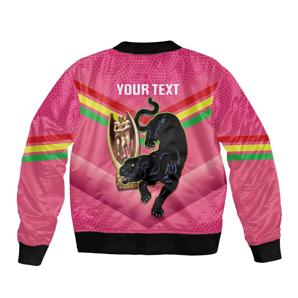 Personalised Panthers Rugby 2024 Sleeve Zip Bomber Jacket Mascot With Trophy Go Champions Aboriginal Art - Pink