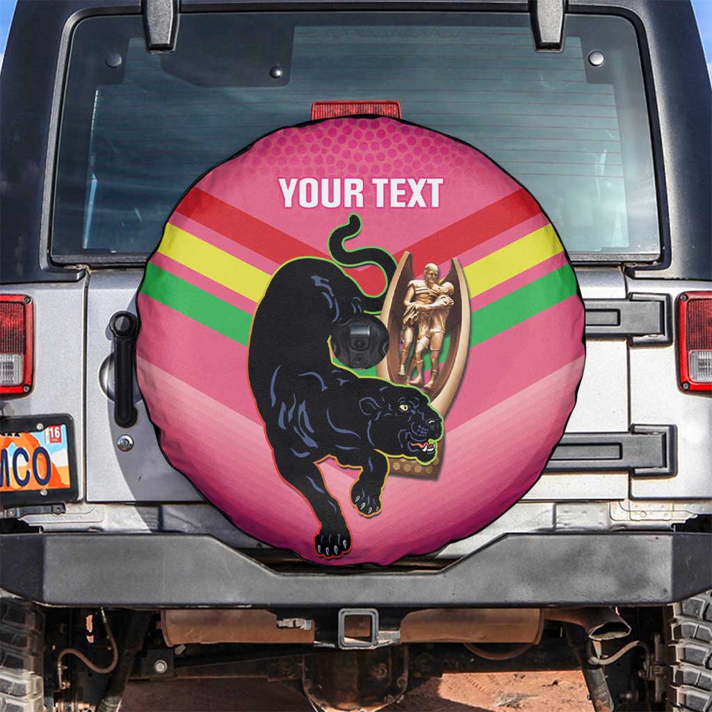 Personalised Panthers Rugby 2024 Spare Tire Cover Mascot With Trophy Go Champions Aboriginal Art - Pink