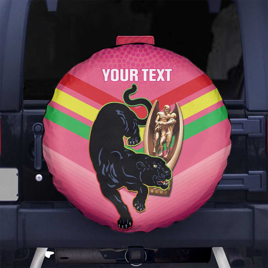 Personalised Panthers Rugby 2024 Spare Tire Cover Mascot With Trophy Go Champions Aboriginal Art - Pink