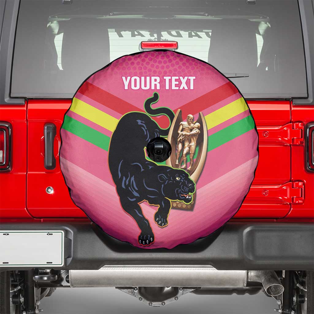 Personalised Panthers Rugby 2024 Spare Tire Cover Mascot With Trophy Go Champions Aboriginal Art - Pink