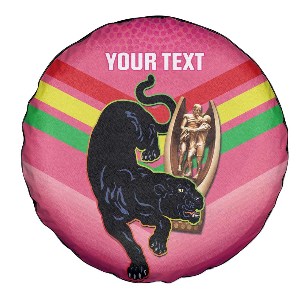 Personalised Panthers Rugby 2024 Spare Tire Cover Mascot With Trophy Go Champions Aboriginal Art - Pink