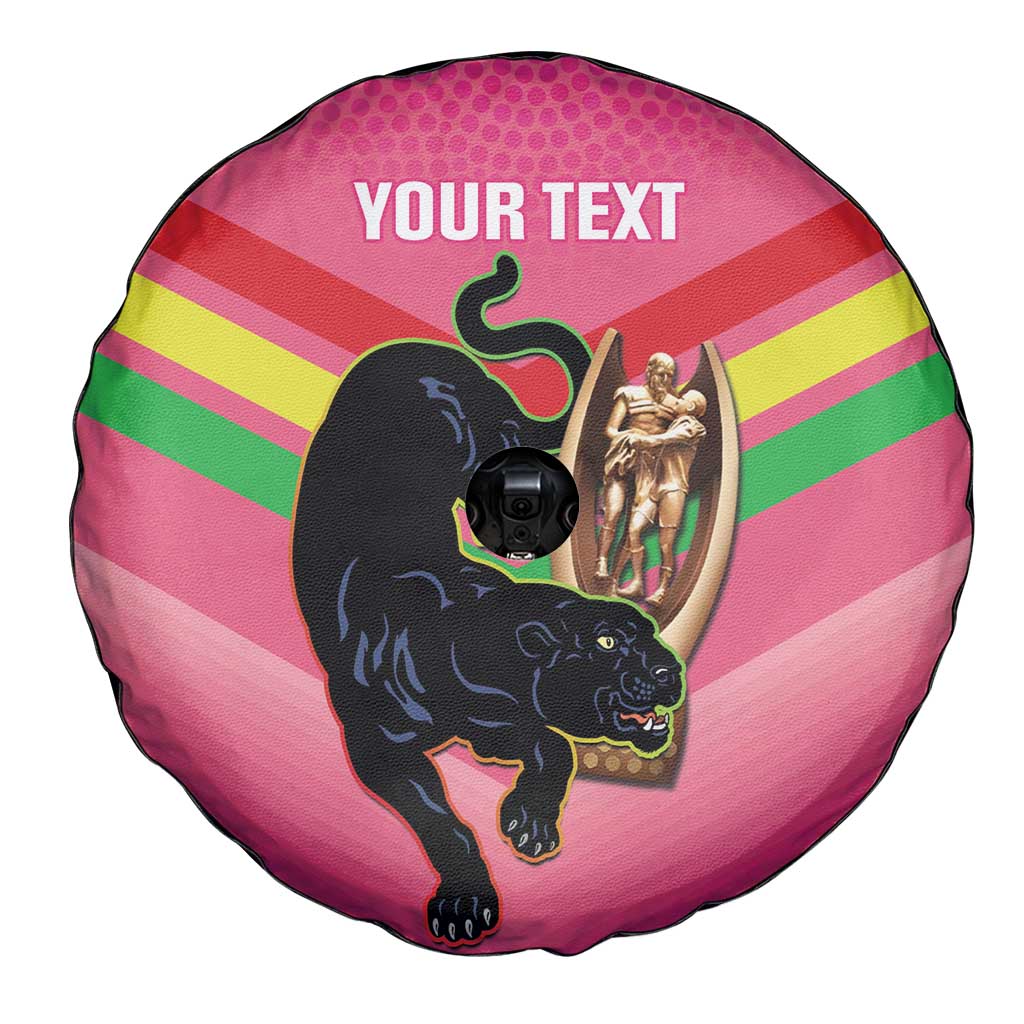 Personalised Panthers Rugby 2024 Spare Tire Cover Mascot With Trophy Go Champions Aboriginal Art - Pink